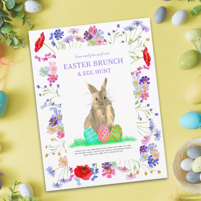 Easter Egg Hunt Spring Brunch Cute Bunny Floral Invitation Postcard (Easter egg hunt spring brunch cute bunny watercolor wildflower floral garden party invitation budget)