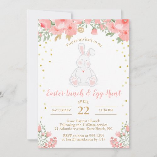 Easter Egg Hunt Watercolor Floral Bunny Pink Gold Invitation