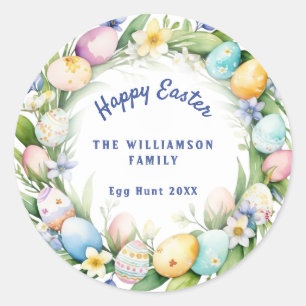 Easter Egg Hunt Watercolor Floral Wreath Custom Classic Round Sticker