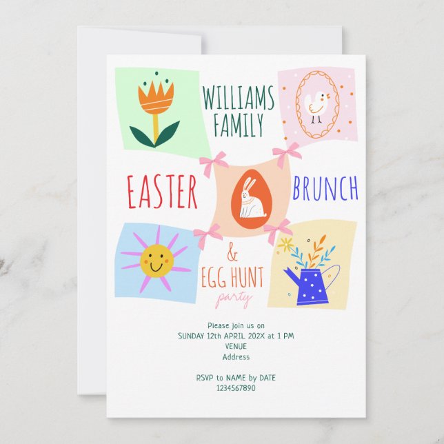 Easter Egg Hunt Wavy Checkerboard Bunny Brunch Bow Invitation (Front)