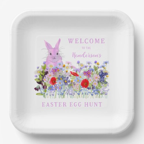 Easter Egg Hunt Welcome Pink Bunny Floral Paper Plates