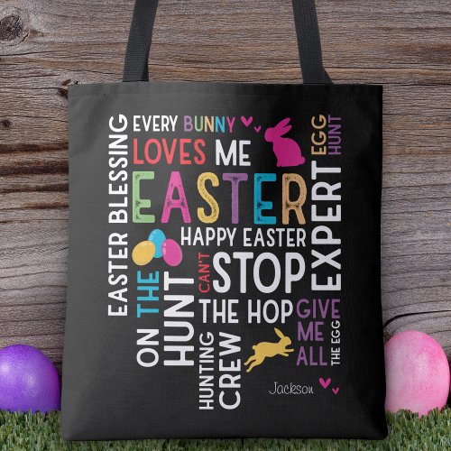 Easter Egg Hunt Word Cloud w Kid Name Year Black Tote Bag