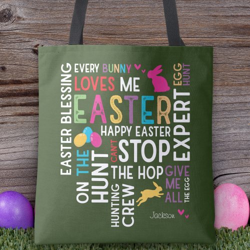 Easter Egg Hunt Word Cloud w Kid Name Year Green Tote Bag