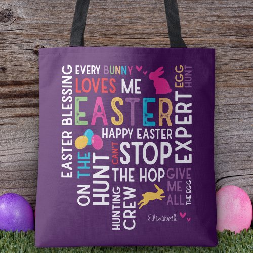 Easter Egg Hunt Word Cloud w Kid Name Year Purple Tote Bag