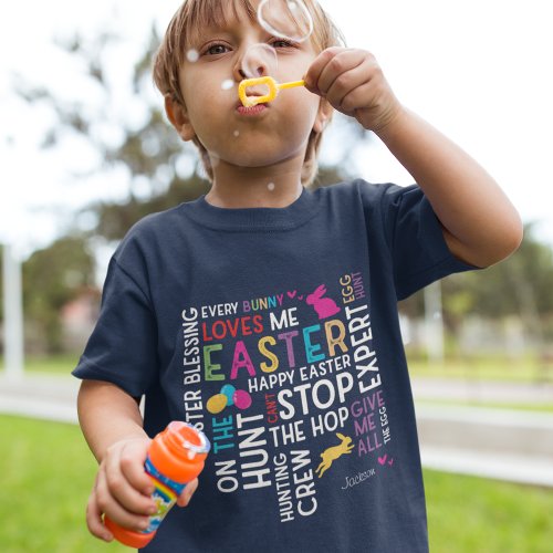 Easter Egg Hunt Word Cloud with Kid Name Blue T_Shirt