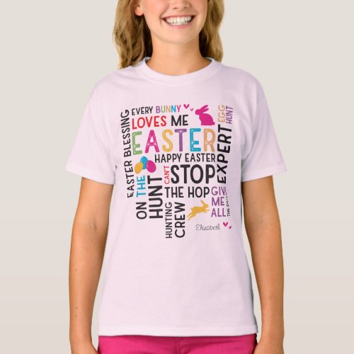 Easter Egg Hunt Word Cloud with Kid Name Pink T_Shirt