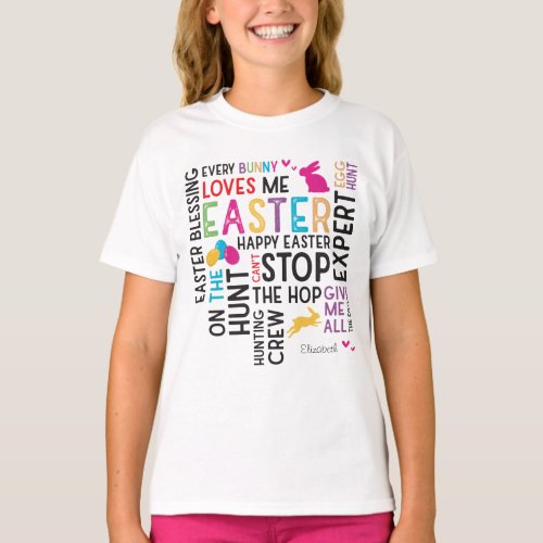Easter Egg Hunt Word Cloud with Kid Name White T_Shirt
