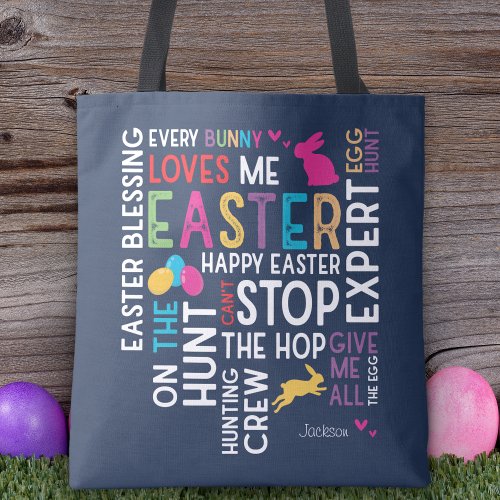 Easter Egg Hunt Word Cloud with Kid Name Year Blue Tote Bag