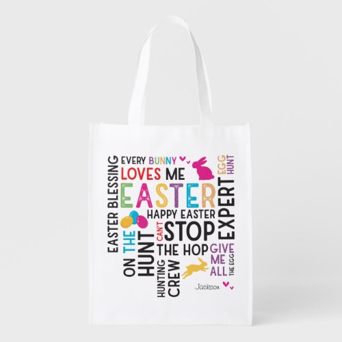 Easter Egg Hunt Word Cloud with Kid Name Year Grocery Bag