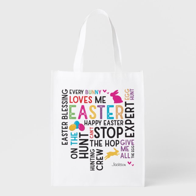 Easter Egg Hunt Word Cloud with Kid Name Year Grocery Bag (Front)