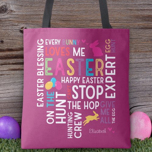 Easter Egg Hunt Word Cloud with Kid Name Year Pink Tote Bag