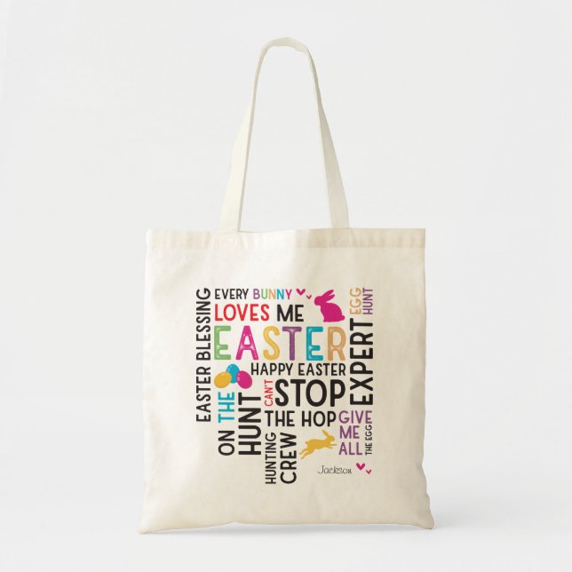 Easter Egg Hunt Word Cloud with Kid Name Year Tote Bag (Front)
