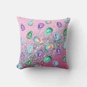 Easter Egg Pink Purple Tie Dye Glitter Glam Throw Pillow