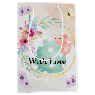 Easter egg with bunny on top in floral ring medium gift bag