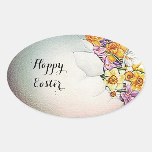 EASTER EGG WITH YELLOW NARCISSUS FLOWERS OVAL STICKER
