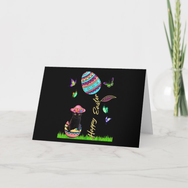 Easter Egg Women Lucky Black Cat Bunny Lover Holiday Card (Front)