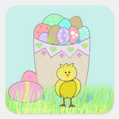 Easter Eggs and Baby Chick Square Sticker