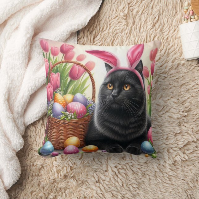 Easter Eggs and Black Cat Throw Pillow (Blanket)
