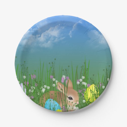 Easter eggs and bunny in grass paper plates