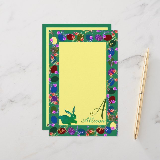 Easter Eggs and Bunny Monogram Stationery (Front/Back In Situ)