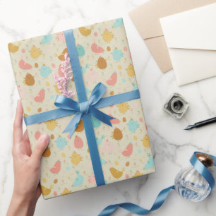Easter eggs and colorful chicken wrapping paper
