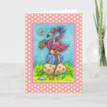 EASTER EGGS AND CUTE BABY PINK FLAMINGO WITH BUNNY HOLIDAY CARD