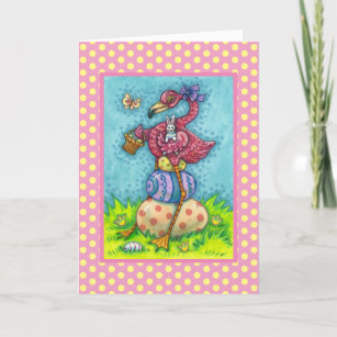 EASTER EGGS AND CUTE BABY PINK FLAMINGO WITH BUNNY HOLIDAY CARD