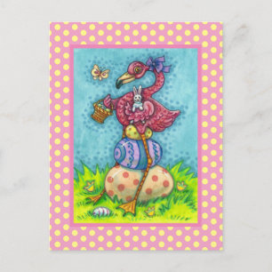 EASTER EGGS AND CUTE BABY PINK FLAMINGO WITH BUNNY HOLIDAY POSTCARD