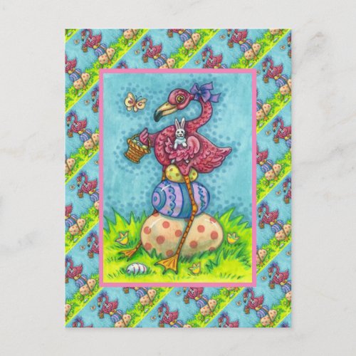 EASTER EGGS AND CUTE BABY PINK FLAMINGO WITH BUNNY HOLIDAY POSTCARD