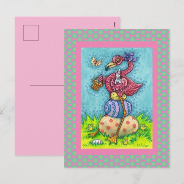 EASTER EGGS AND CUTE BABY PINK FLAMINGO WITH BUNNY HOLIDAY POSTCARD (Front/Back)