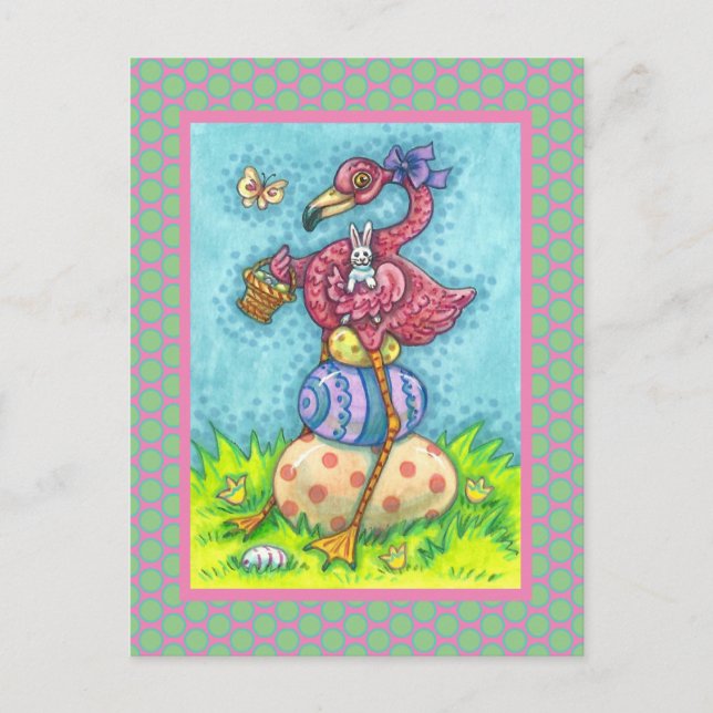 EASTER EGGS AND CUTE BABY PINK FLAMINGO WITH BUNNY POSTCARD (Front)