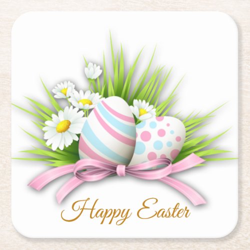 Easter eggs and daisy square paper coaster