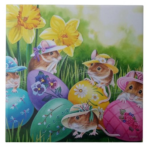 Easter Eggs and Field Mice Watercolor Art Ceramic Tile