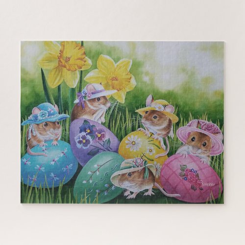 Easter Eggs and Field Mice Watercolor Art Jigsaw Puzzle