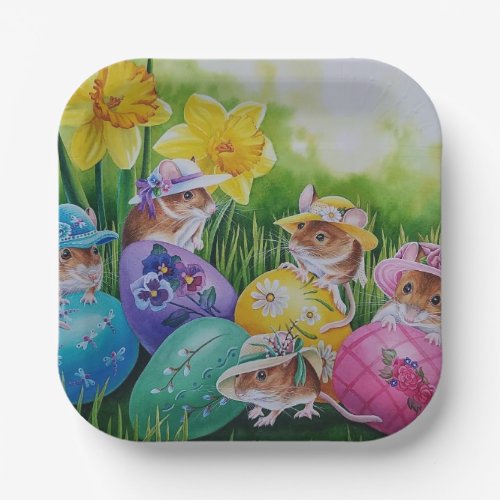 Easter Eggs and Field Mice Watercolor Art Paper Plates