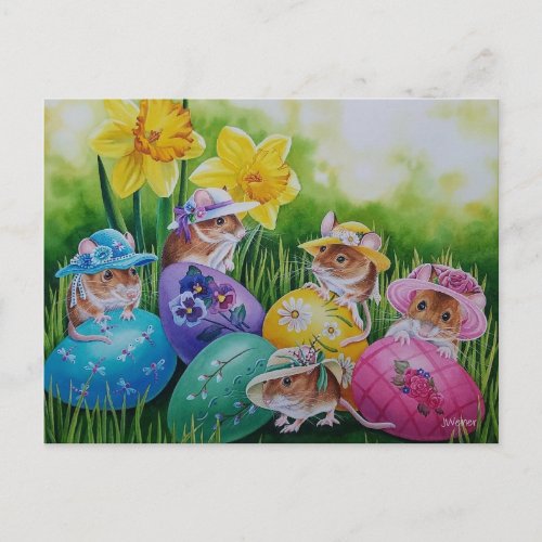 Easter Eggs and Field Mice Watercolor Art Postcard