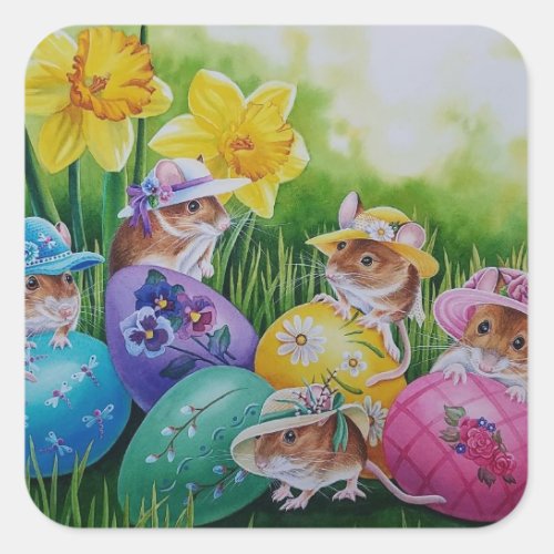 Easter Eggs and Field Mice Watercolor Art Square Sticker