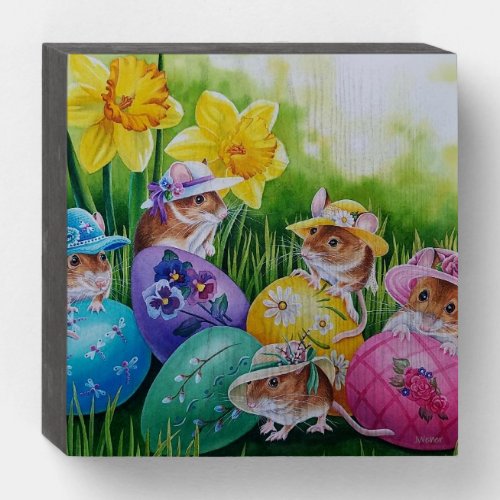 Easter Eggs and Field Mice Watercolor Art Wooden Box Sign