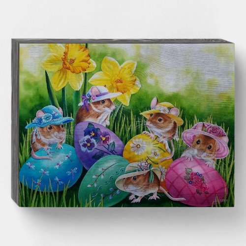 Easter Eggs and Field Mice Watercolor Art Wooden Box Sign
