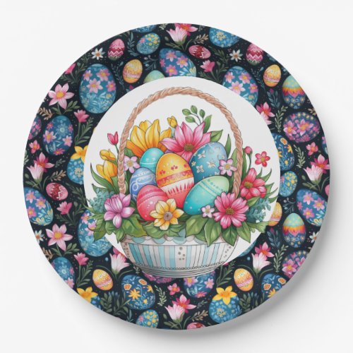 Easter Eggs And Floral Basket Paper Plates