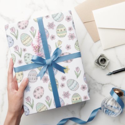 Easter Eggs and Flowers Pastel Colors Wrapping Paper