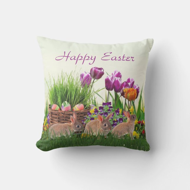Easter Eggs and Rabbits Holiday Outdoor Pillow (Front)