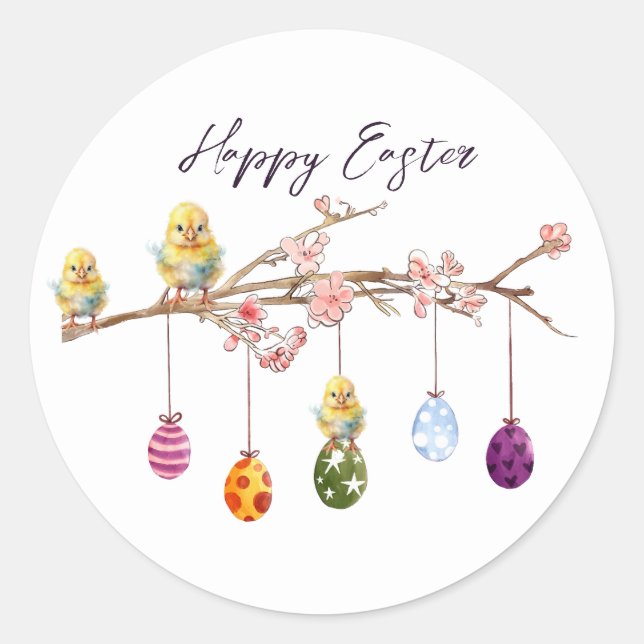 Easter Eggs Baby Chicks Happy Easter Classic Round Sticker (Front)