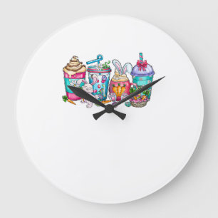 Easter Eggs Coffee Bunny Cups Latte Iced Cream Wom Large Clock