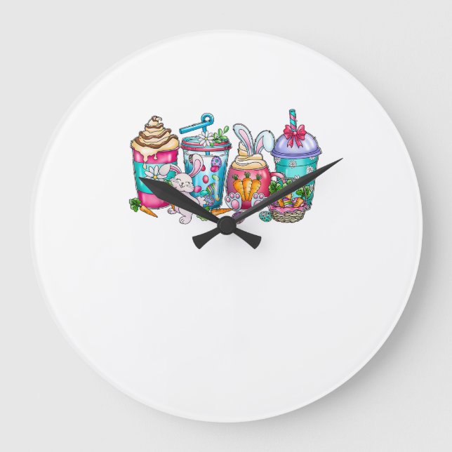 Easter Eggs Coffee Bunny Cups Latte Iced Cream Wom Large Clock (Front)