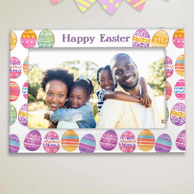 Easter Eggs Colorful Patterned Pretty Magnetic Frame (A magnetic picture frame with colorful Easter eggs pattern and Happy Easter greeting)
