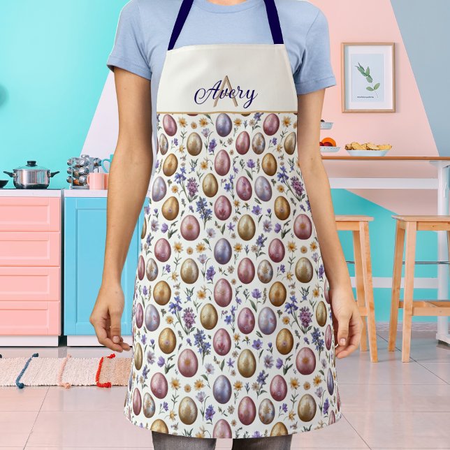 Easter Eggs Cream Patterned Colorful Monogrammed Apron (A pretty, monogrammed kitchen apron with pastel Easter eggs and flowers on a cream background)