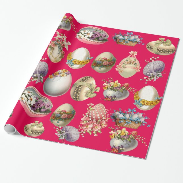 EASTER EGGS,FLOWERS,WHITE DOVES IN PINK FUCHSIA WRAPPING PAPER (Unrolled)