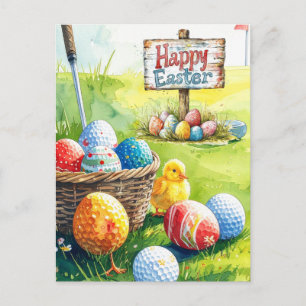 Easter eggs for golfer on green grass holiday postcard