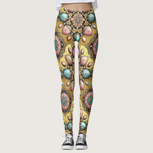 EASTER EGGS ~ Gold Blue Pink 3D~ Leggings (Front)